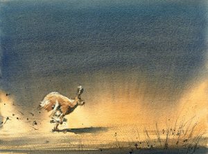 Hare painting, watercolour of a hare sprinting with a storm approaching