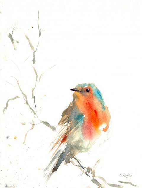 Bird art, painting of robin redbreast